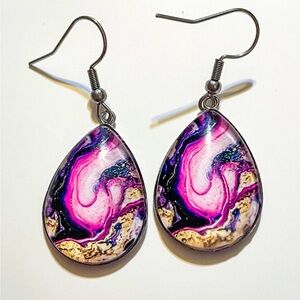 Pink & Gold Abstract Teardrop Dangle Earrings